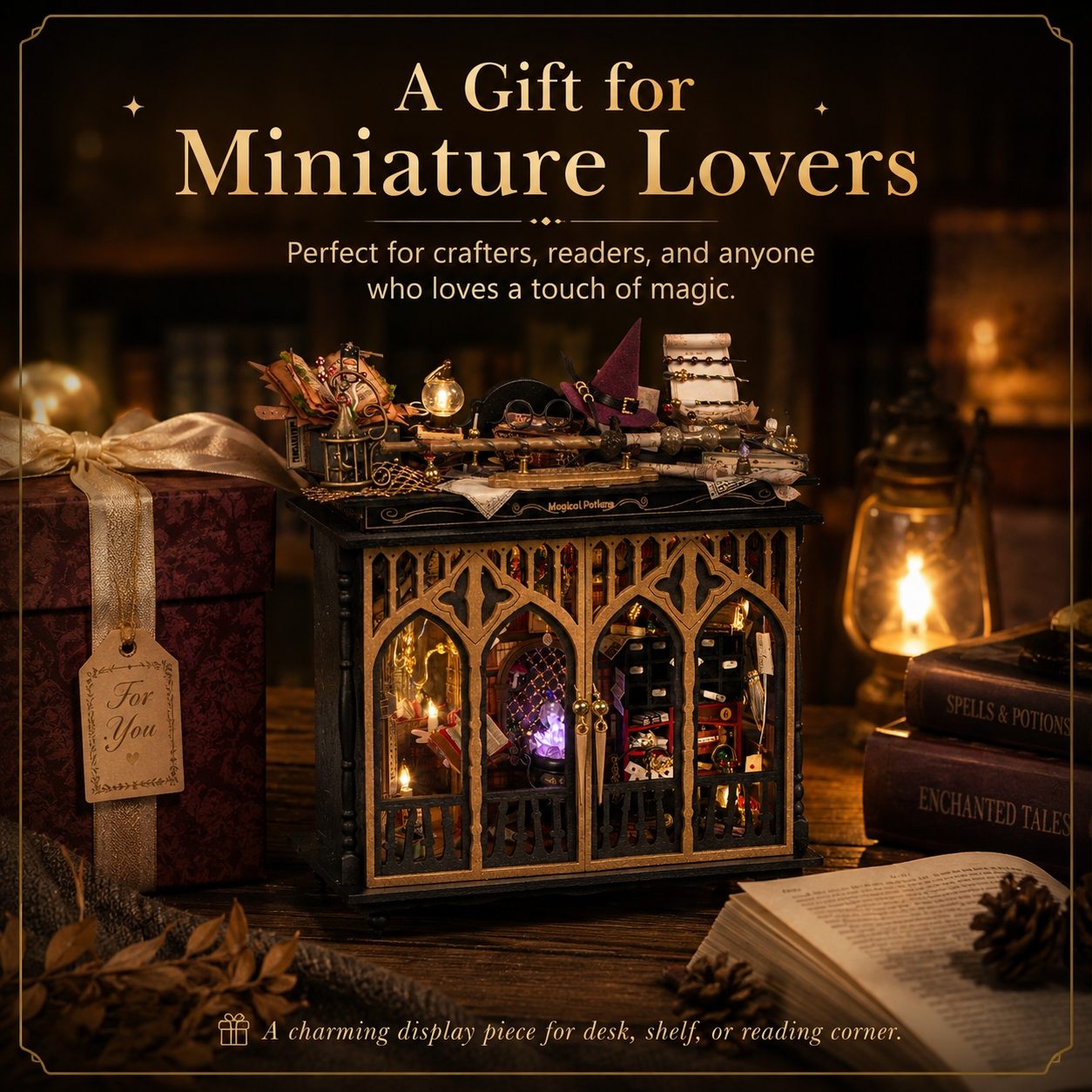 A decorative miniature display piece shaped like a magical library or study, shown with a gift box, lantern, books, and an open book in a warm, cozy setting. Text at the top reads 'A Gift for Miniature Lovers' with additional promotional copy.