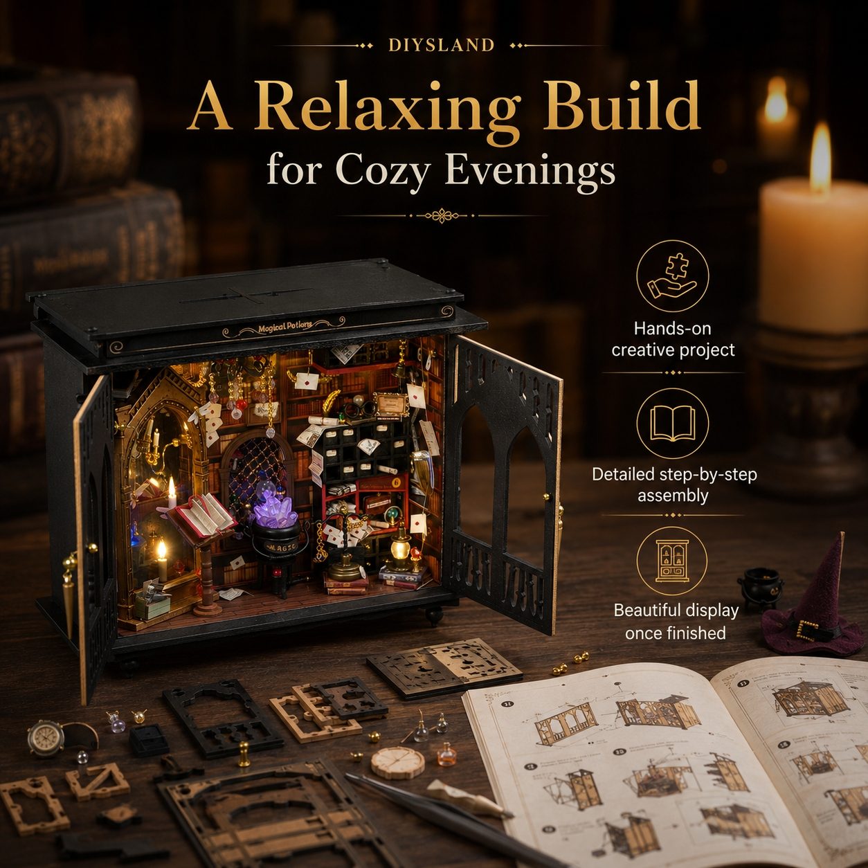 A miniature model kit shown open on a wooden table, displaying a cozy, detailed wizard-themed interior with shelves, books, and a glowing purple cauldron. The scene is styled with open instruction booklets, candles, and miniature accessories, under the text 'A Relaxing Build for Cozy Evenings'.
