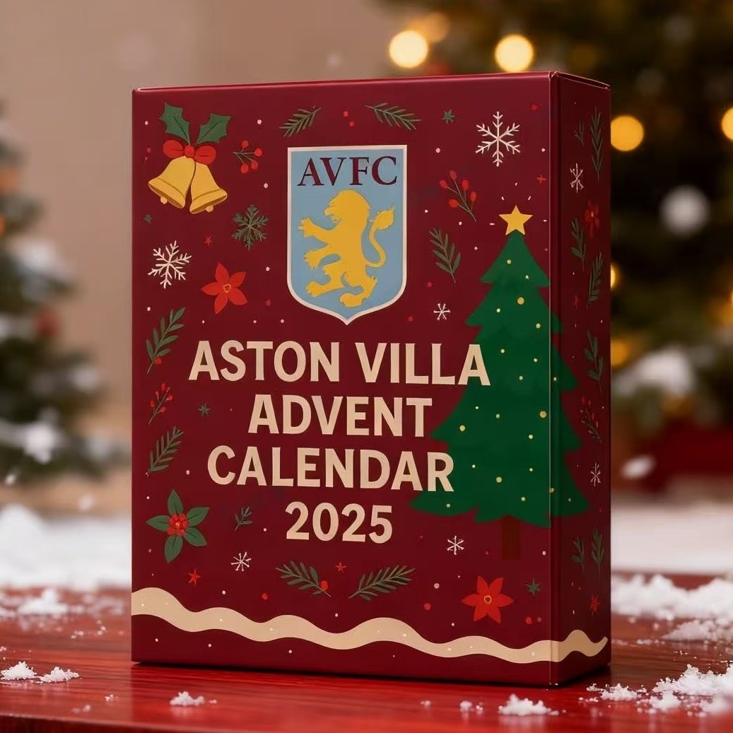 Aston Villa Advent Calendar 2025 with festive design on a wooden surface.