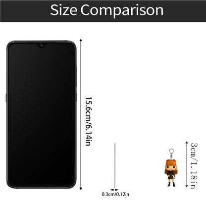 Size comparison of a smartphone and a small figurine with measurements.