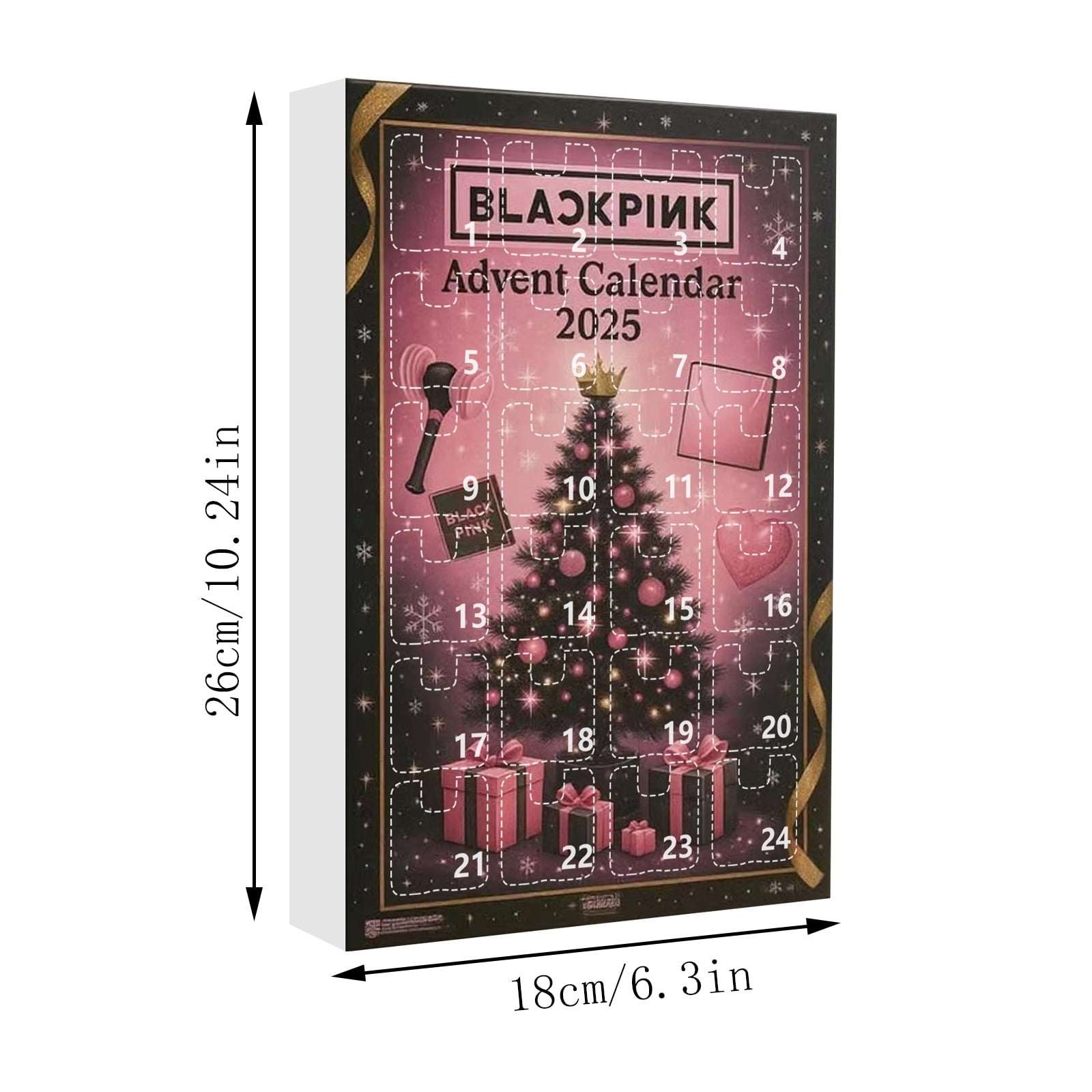 Blackpink Advent Calendar 2025 with Christmas tree and presents design, dimensions indicated.