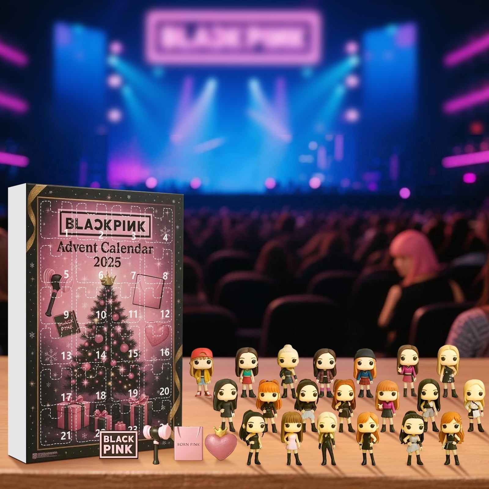 Blackpink advent calendar with figures on a stage with blue and pink lights