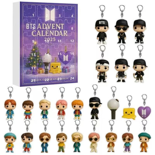 BTS advent calendar with keychains on a white background