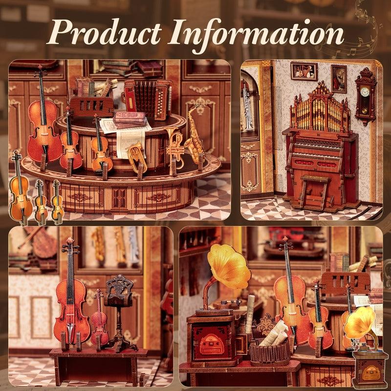 Collage of miniature wooden instruments and furniture with a focus on musical theme