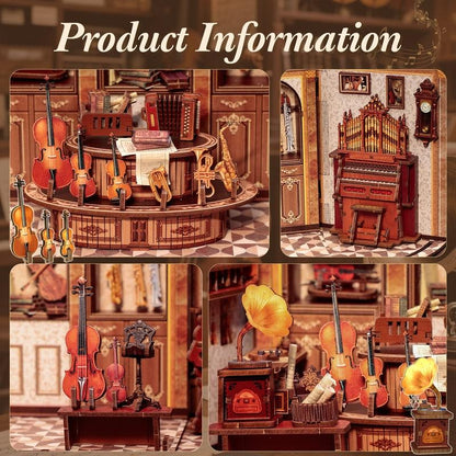 Collage of miniature wooden instruments and furniture with a focus on musical theme