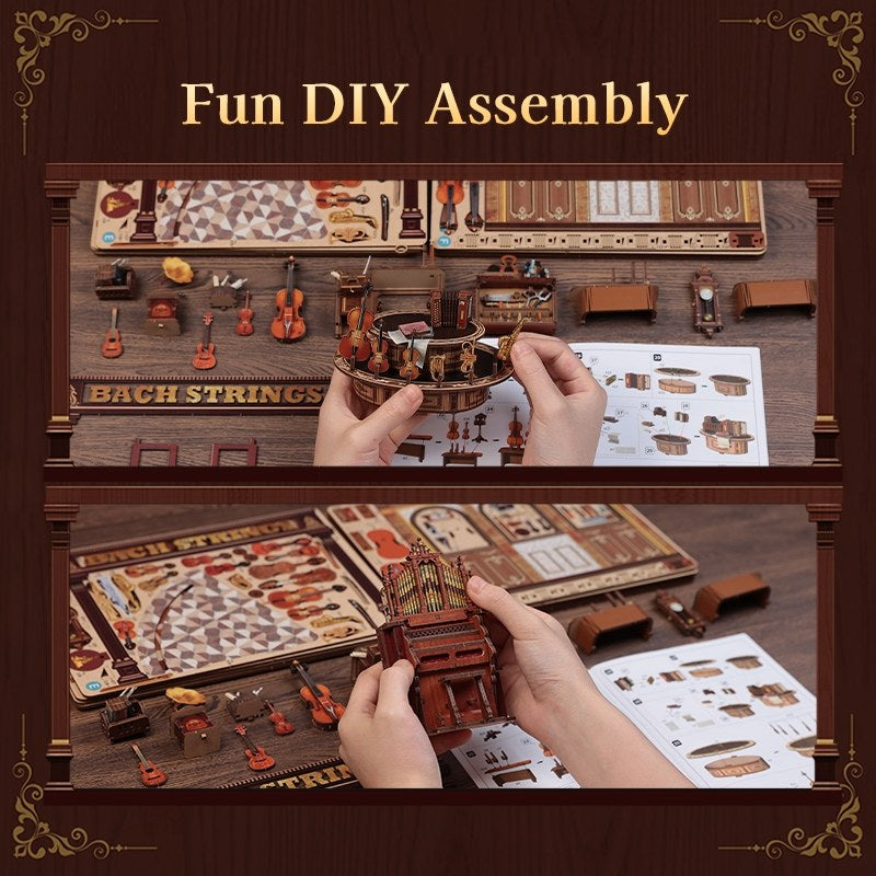 DIY assembly kit with hands assembling a small model, surrounded by components and instructions on a wooden surface.