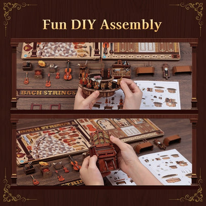 DIY assembly kit with hands assembling a small model, surrounded by components and instructions on a wooden surface.