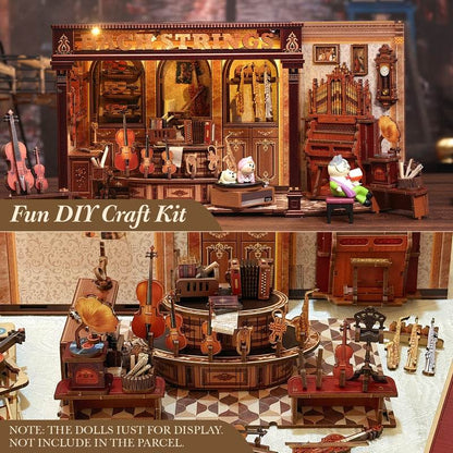 Collage of a detailed miniature music room with instruments and dolls, labeled 'Fun DIY Craft Kit'.