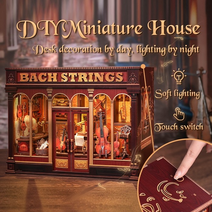 Miniature house model with 'Bach Strings' branding, featuring soft lighting and touch switch.
