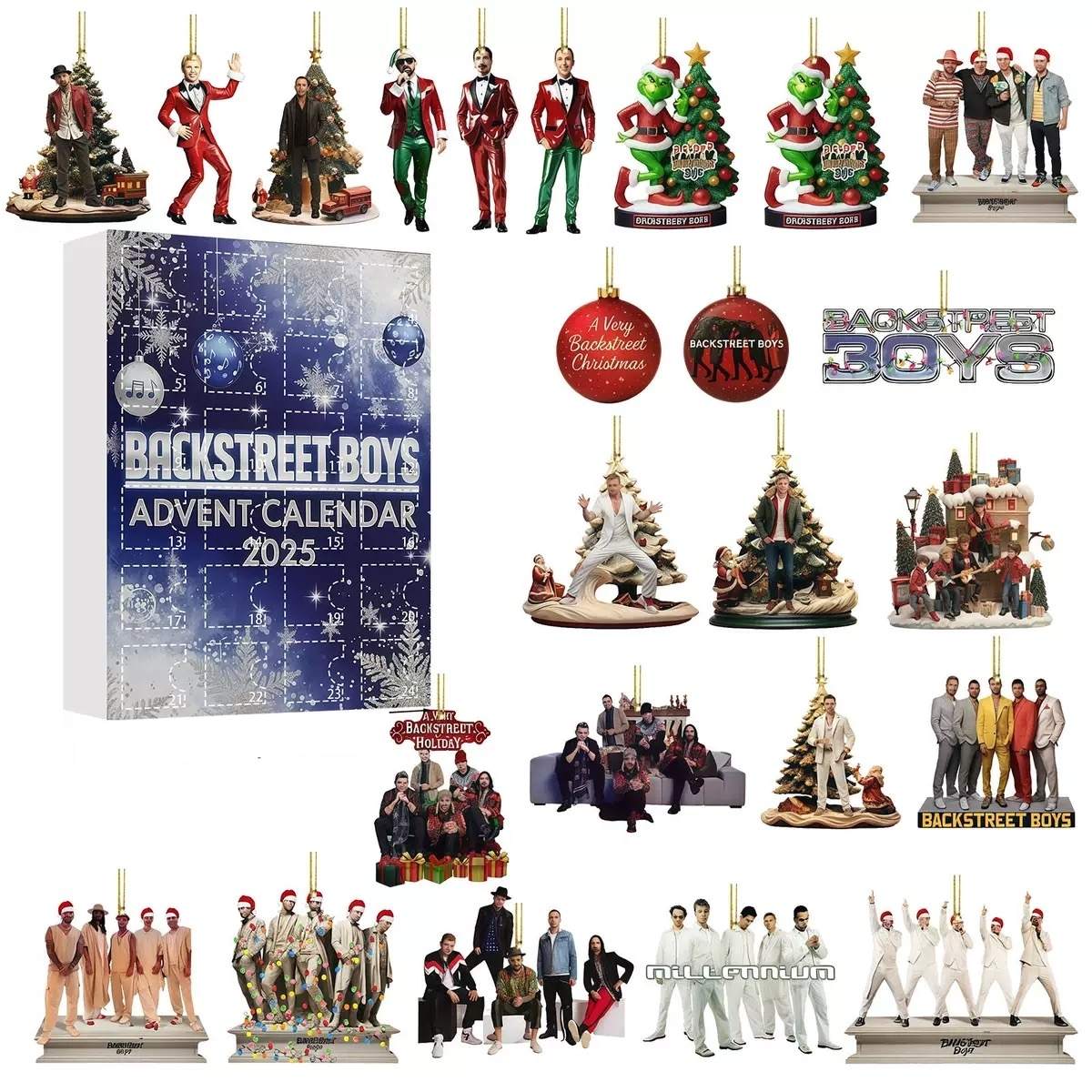 Backstreet Boys Advent Calendar 2025 with various figurines and decorations on a white background