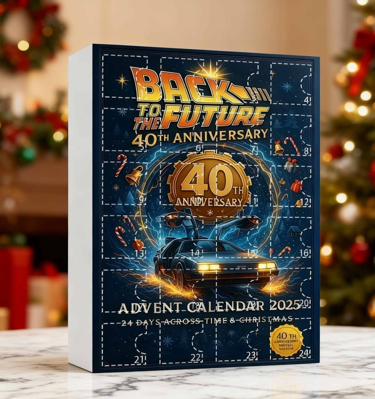 Back to the Future 40th Anniversary Advent Calendar on a table with a festive background