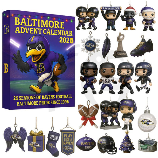 Baltimore Ravens Advent Calendar 2025 with ornaments and packaging
