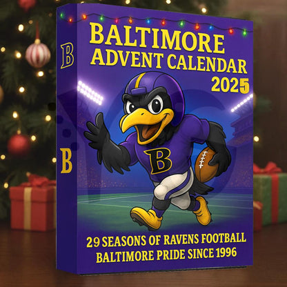Baltimore Ravens Advent Calendar 2025 with mascot and festive background