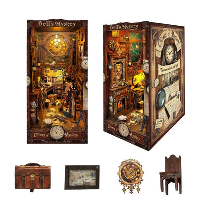 image displaying the front and right sides, and miniature items of the finished Bell's Mystery DIY Book Nook, which is Inspired by Detective Scene in Holmes Sherlock for Bookshelf Decor