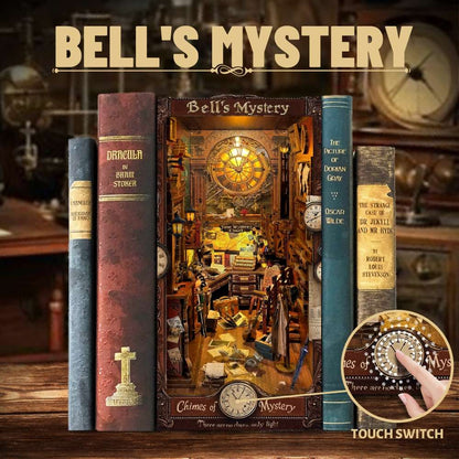 image displaying the touch-activated lighting design of the finished Bell's Mystery DIY Book Nook