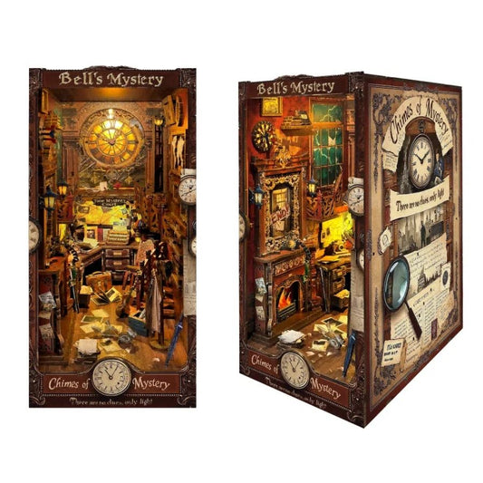 image displaying the front and right sides of the finished Bell's Mystery DIY Book Nook, which is Inspired by Detective Scene in Holmes Sherlock for Bookshelf Decor