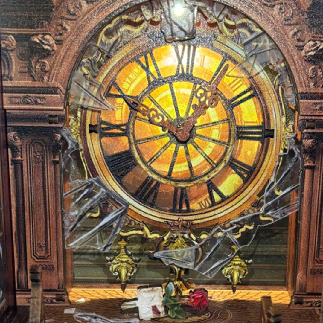 image displaying the grand translucent clock in the Bell's Mystery DIY Book Nook, which is Inspired by Detective Scene in Holmes Sherlock for Bookshelf Decor