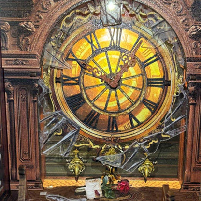 image displaying the grand translucent clock in the Bell's Mystery DIY Book Nook, which is Inspired by Detective Scene in Holmes Sherlock for Bookshelf Decor