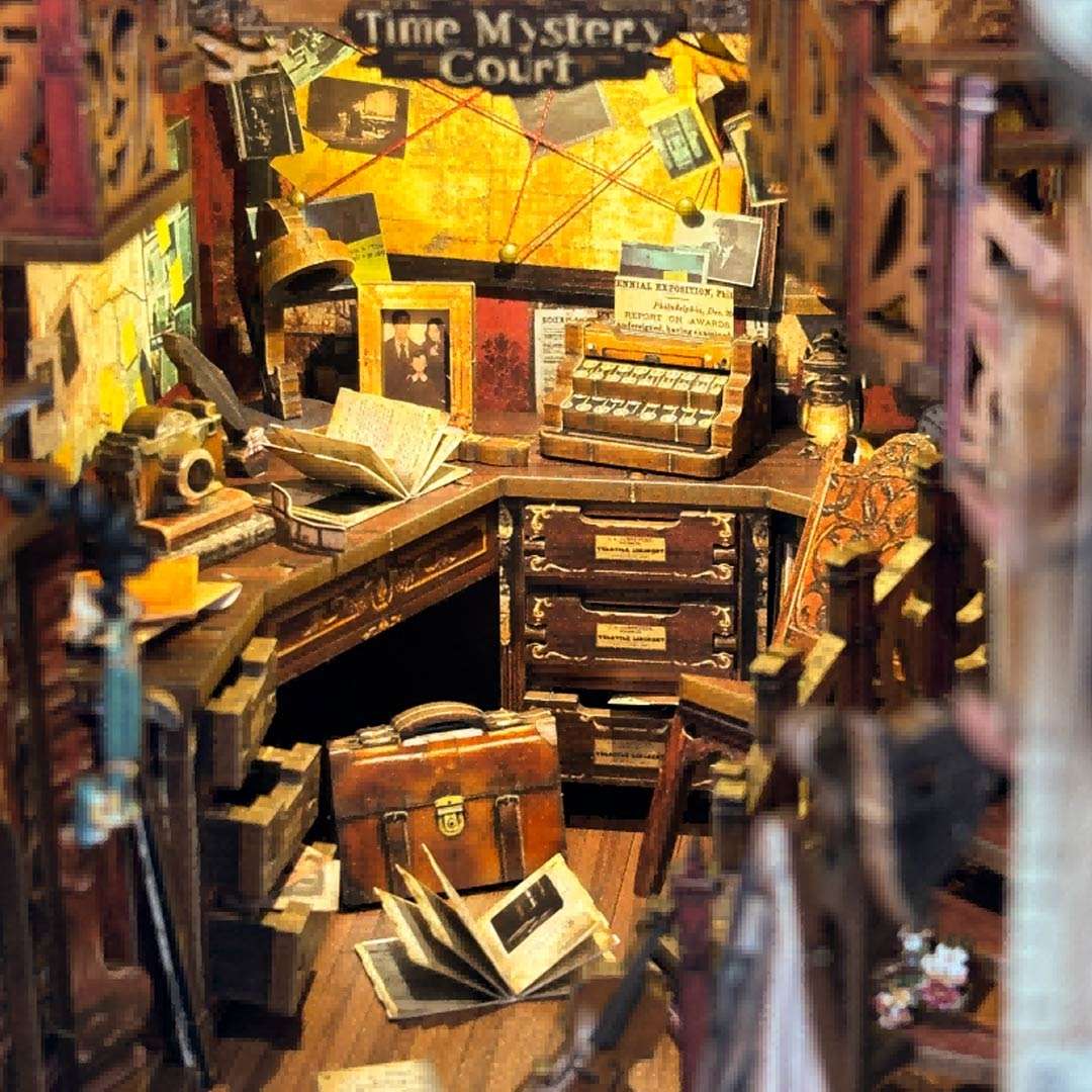 image displaying the detective's workbench in the finished Bell's Mystery DIY Book Nook, which is Inspired by Detective Scene in Holmes Sherlock for Bookshelf Decor