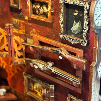 image displaying the miniature hunting rifles in finished Bell's Mystery DIY Book Nook