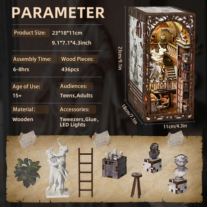 Wooden book nook with detailed assembly information and components on a dark background