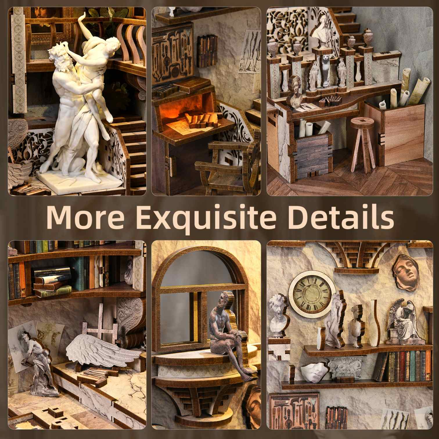 Collage of detailed miniature models of Baroque Miniature Studio Bernini's Sculpture Workshop DIY Book Nook