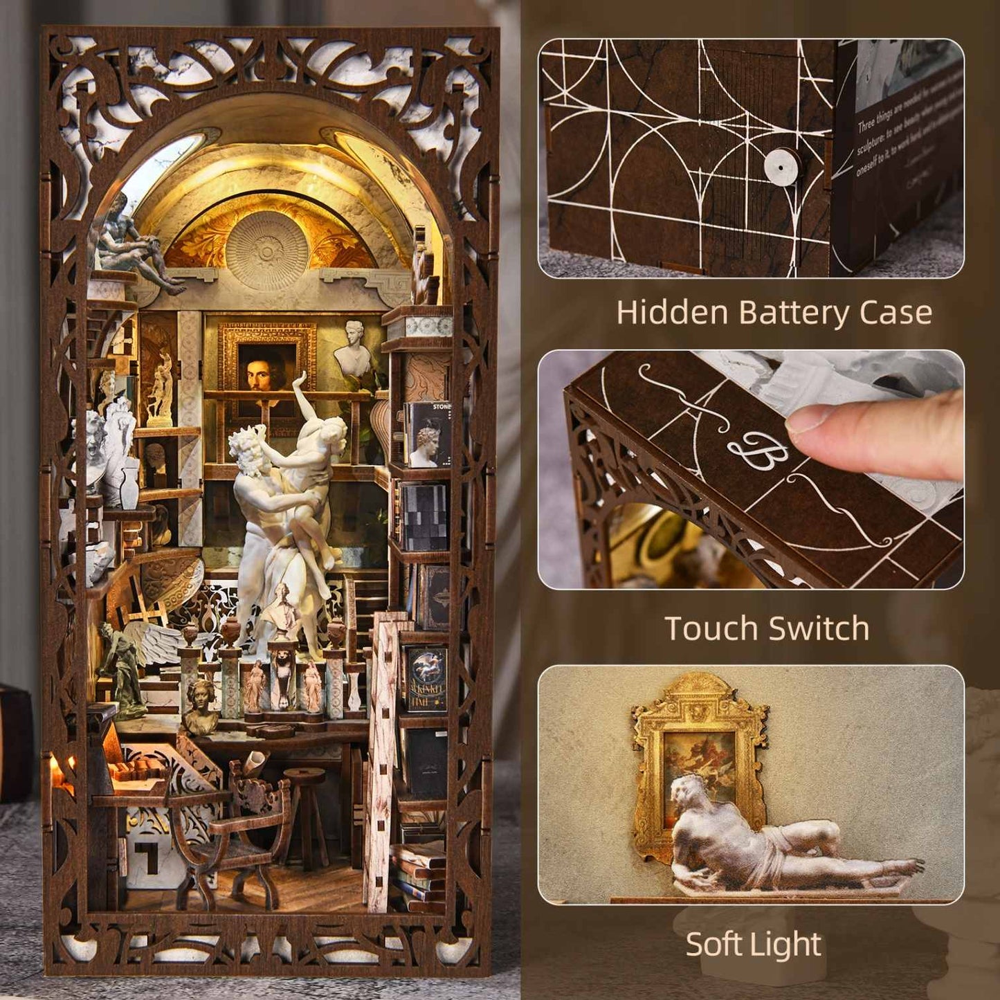 Baroque style wooden book nook with sculptures and hidden features like a battery case and touch switch.