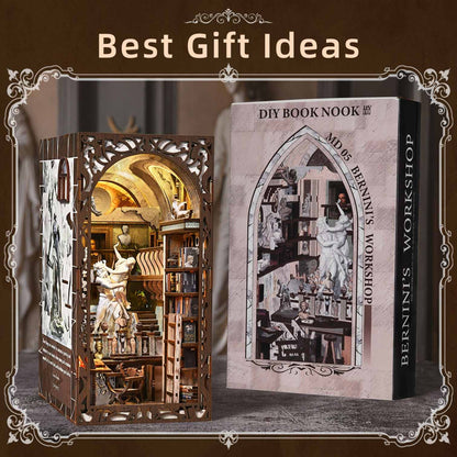 Baroque style DIY book nook model and packaging with decorative text on a brown background