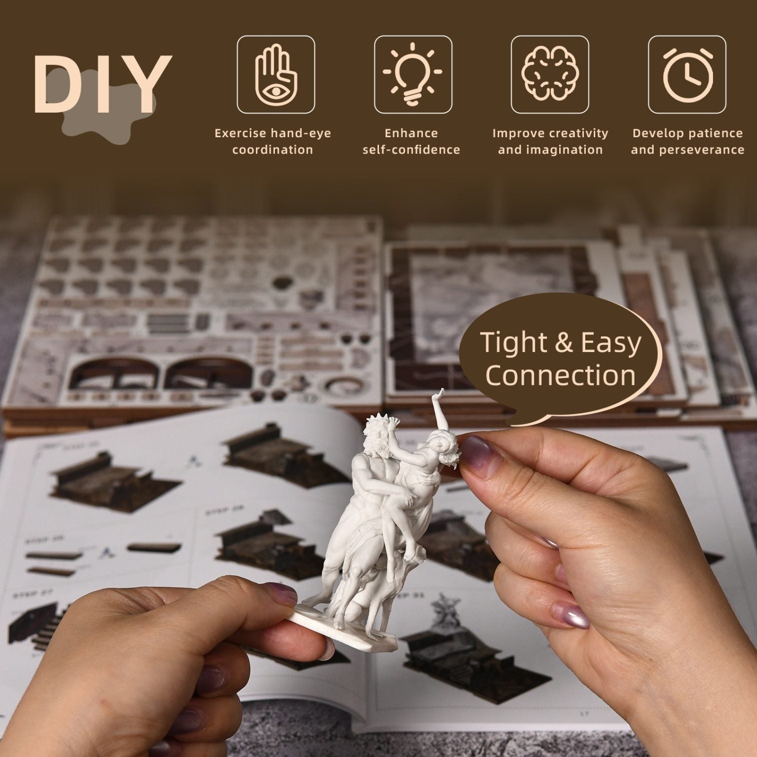 Person assembling a small model sculpture with text highlighting benefits of DIY activities.