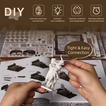 Person assembling a small model sculpture with text highlighting benefits of DIY activities.