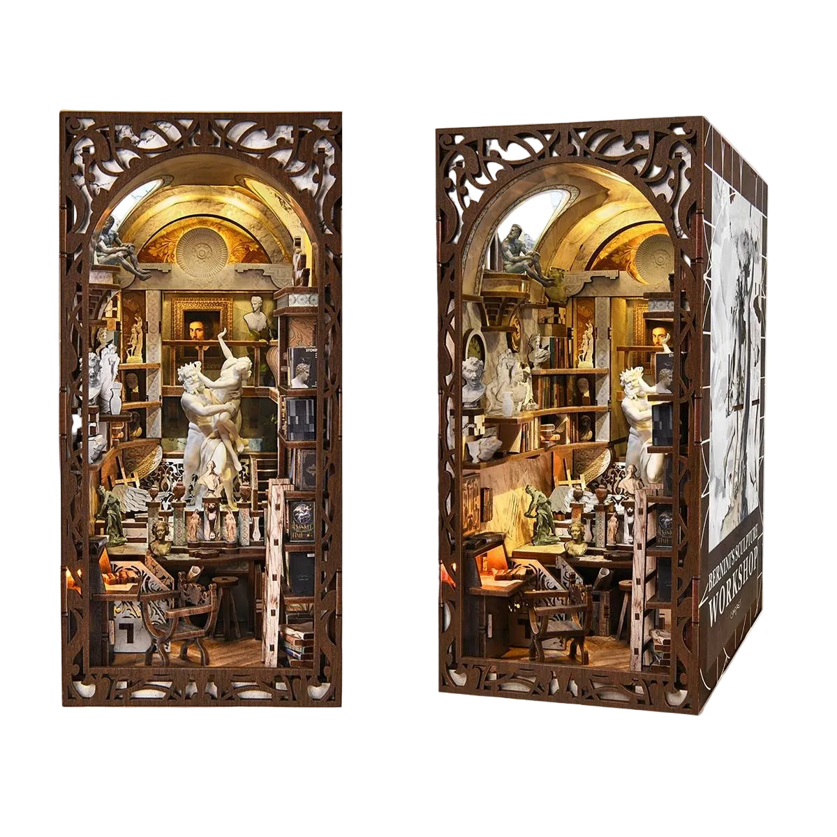 Detailed book nook model of a Baroque Miniature Studio room with shelves and figures, resembling a book or box