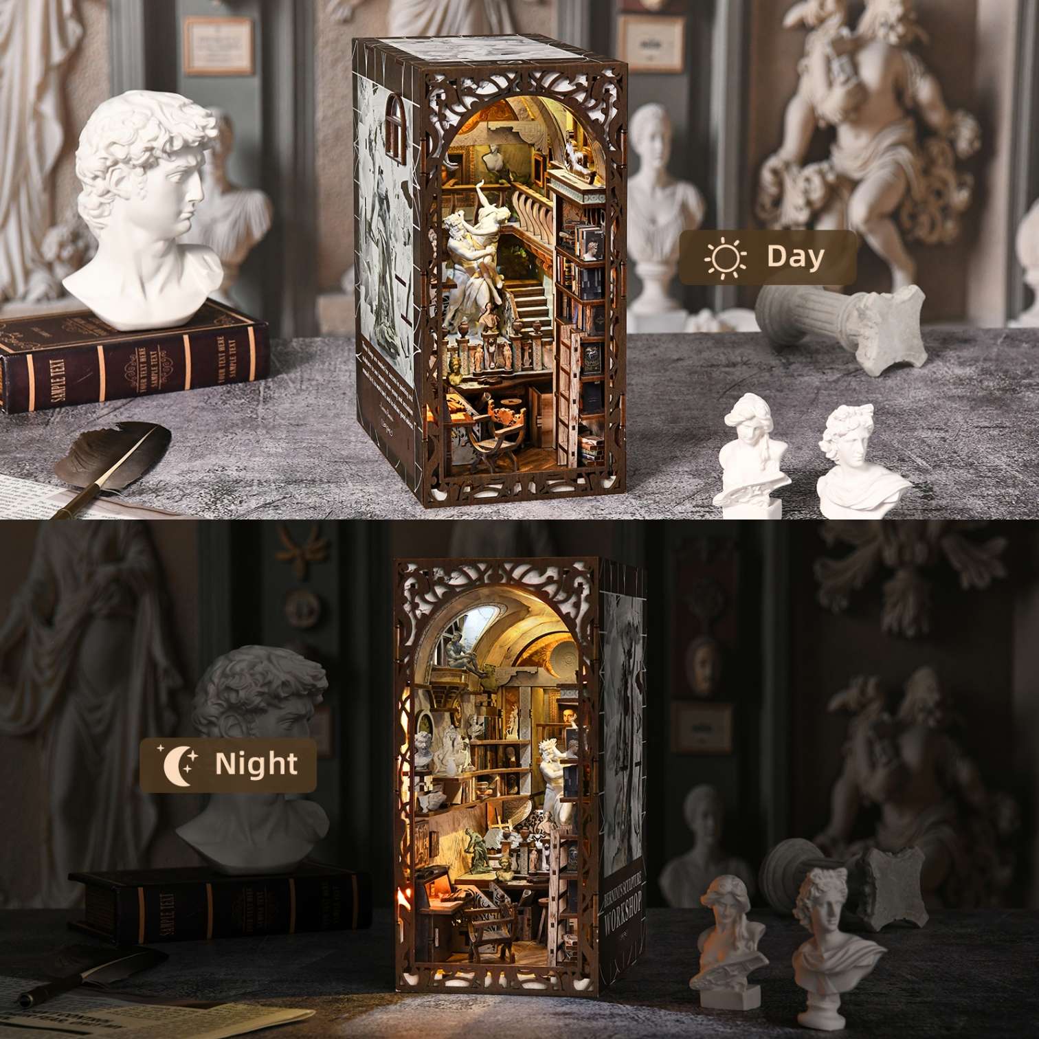 Light-up book nook model of a Baroque miniature studio room with changing lighting conditions from day to night, surrounded by classical sculptures.