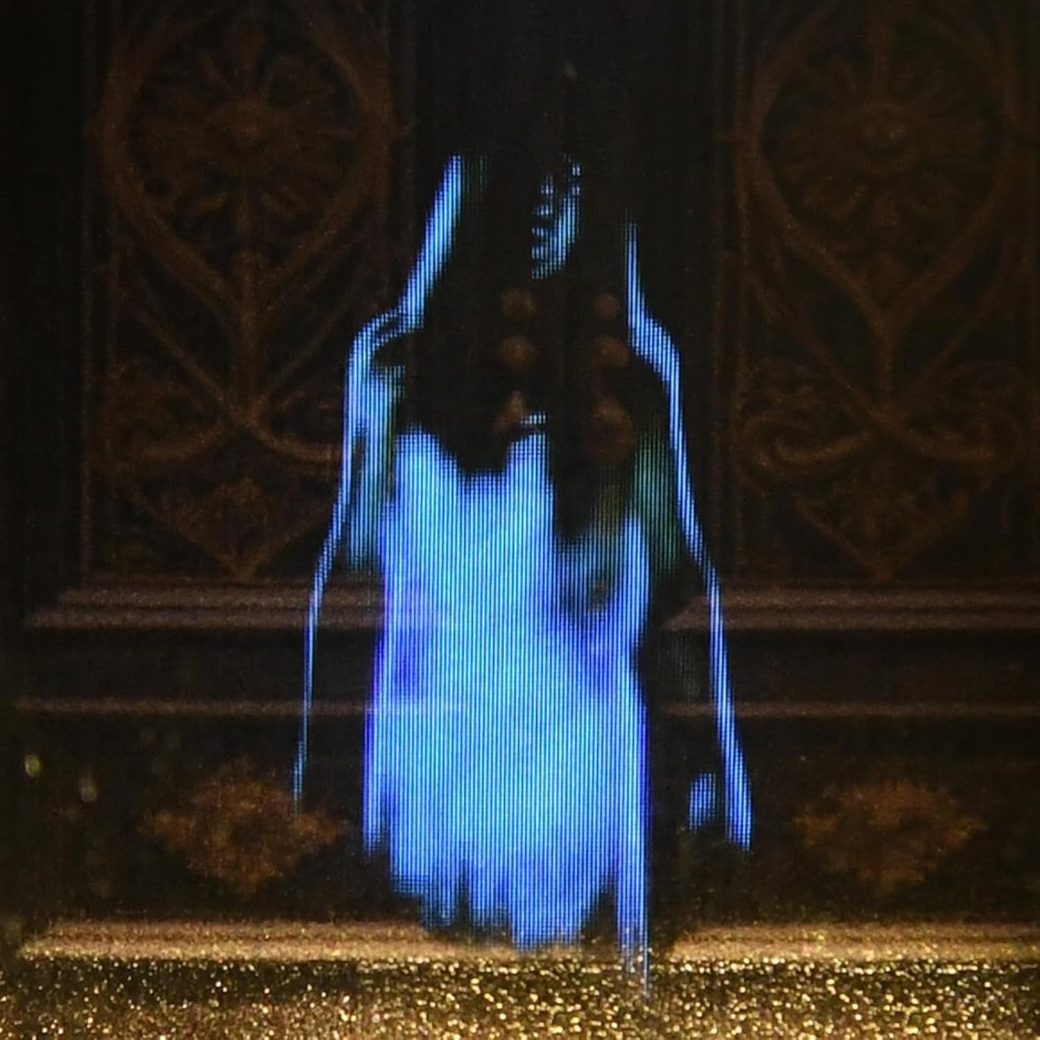 Digital ghost projection on a textured wall with decorative patterns