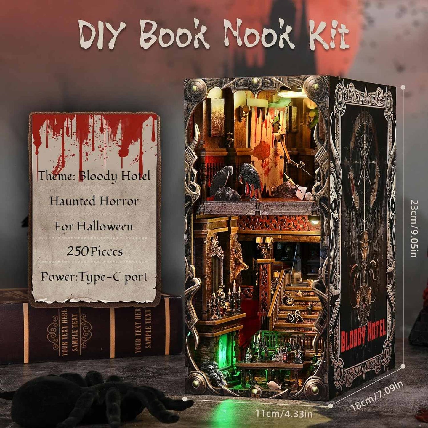 Halloween-themed DIY book nook kit with haunted hotel design, including a model and packaging.