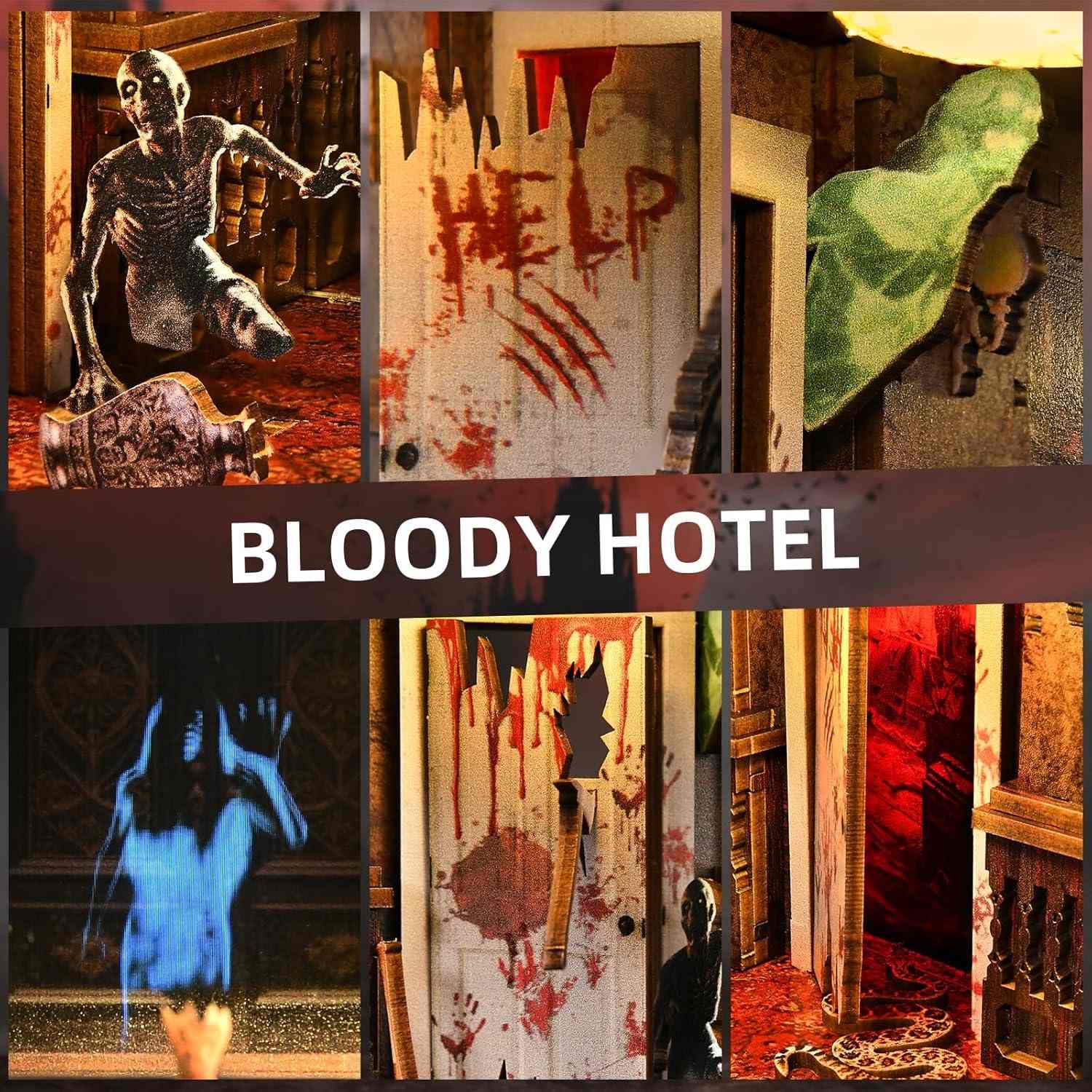 Collage of horror-themed miniature scenes of book nook with text 'Bloody Hotel' at the center.