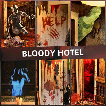 Collage of horror-themed miniature scenes of book nook with text 'Bloody Hotel' at the center.