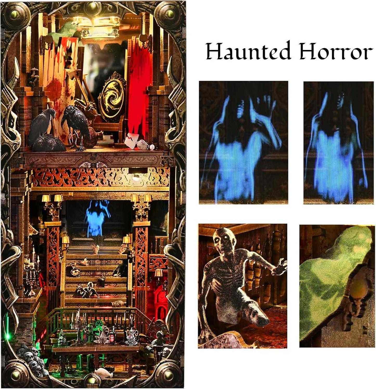 Collage of haunted horror-themed book nook with skeletons, ghosts, and eerie elements.