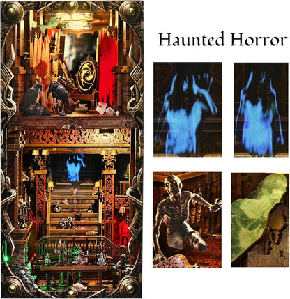 Collage of haunted horror-themed book nook with skeletons, ghosts, and eerie elements.