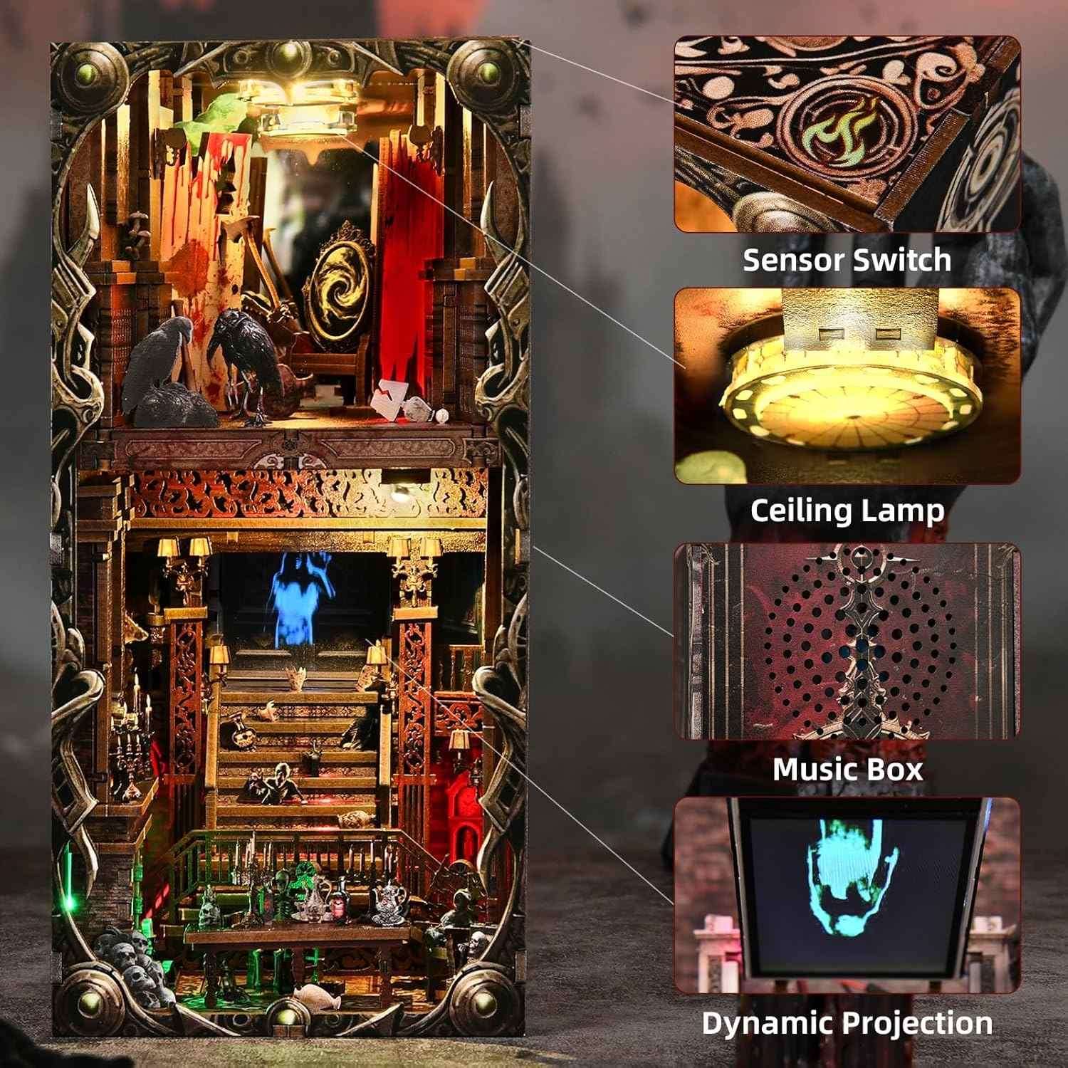 horror-style book nook model with labeled components on a dark background