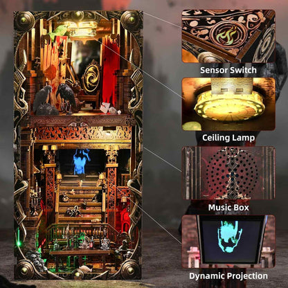 horror-style book nook model with labeled components on a dark background