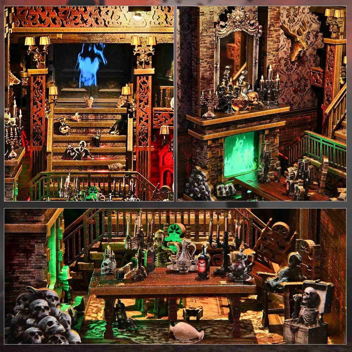 Collage of a detailed model of a haunted house with various elements and lighting effects