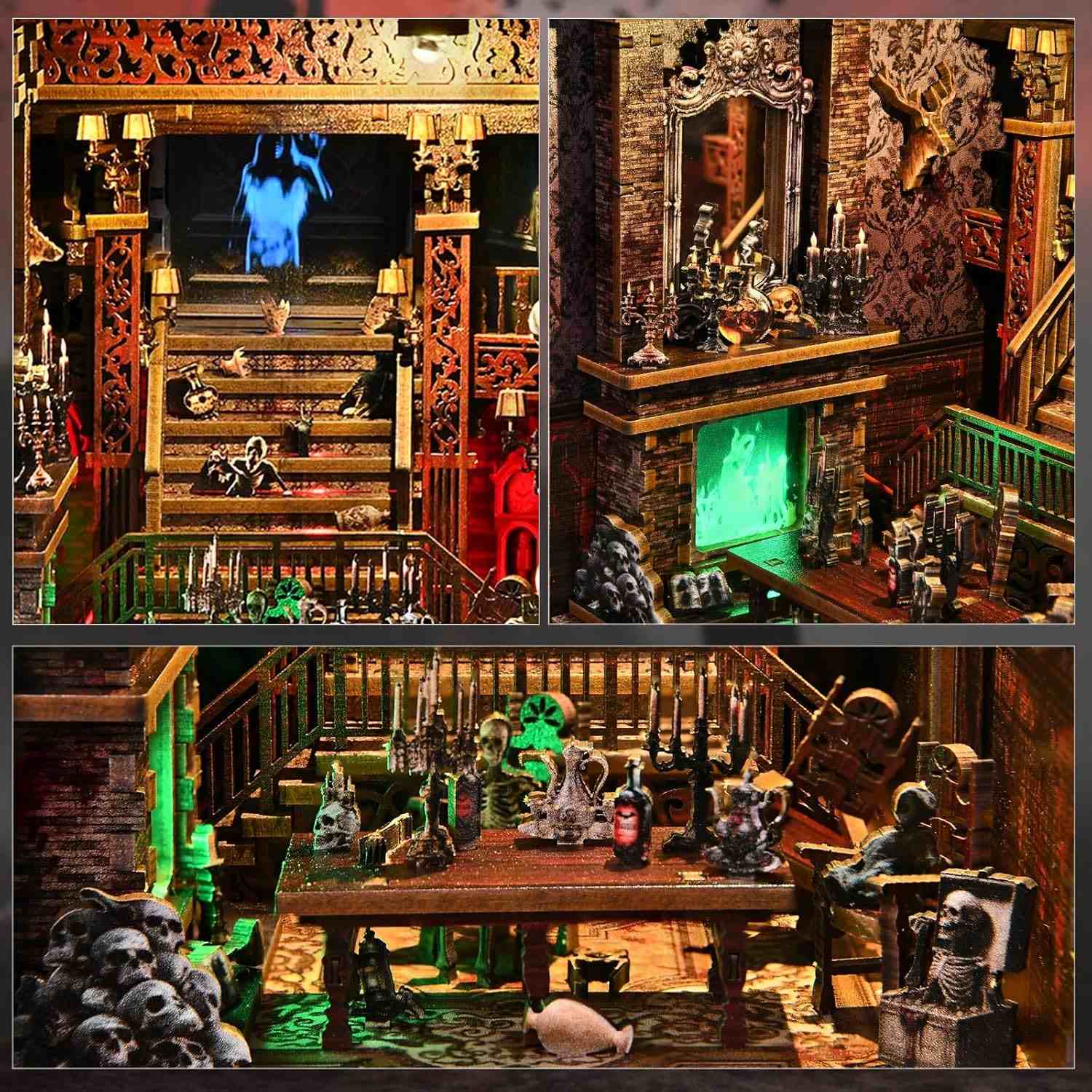 Collage of a detailed model of a haunted house with various elements and lighting effects