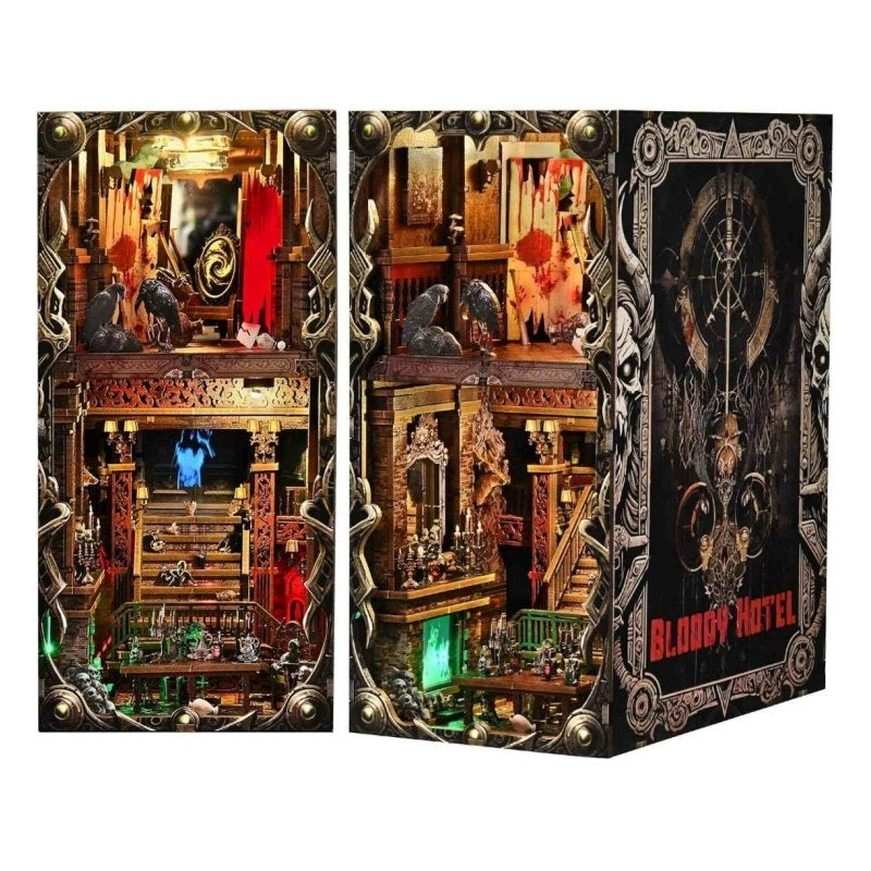 Detailed book nook model of a haunted hotel with ornate design and 'Bloody Hotel' branding.