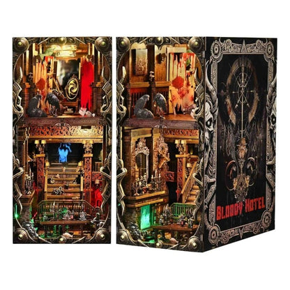 Detailed book nook model of a haunted hotel with ornate design and 'Bloody Hotel' branding.