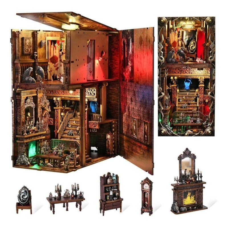 Detailed 3D Wooden model of a miniature haunted house with various rooms and furniture, featuring lighting effects.