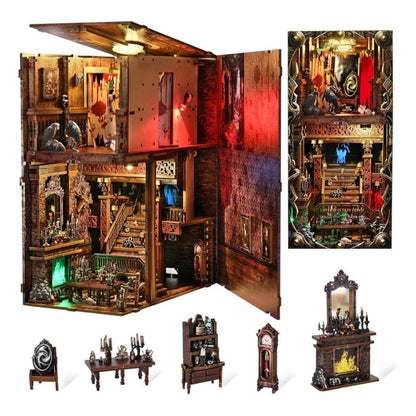 Detailed 3D Wooden model of a miniature haunted house with various rooms and furniture, featuring lighting effects.