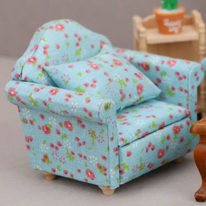 Blue Floral  Fabric Dollhouse Miniature Sofa in 1:12 scale. Ideal for adding elegance to miniature homes.