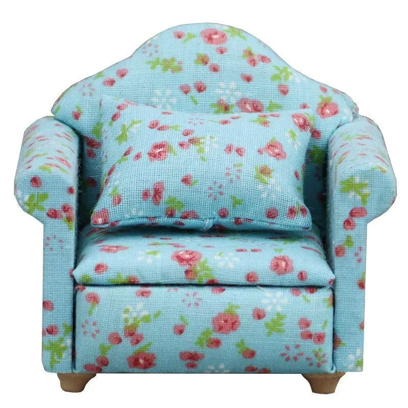 Blue Floral  Fabric Dollhouse Miniature Sofa in 1:12 scale. Ideal for adding elegance to miniature homes.