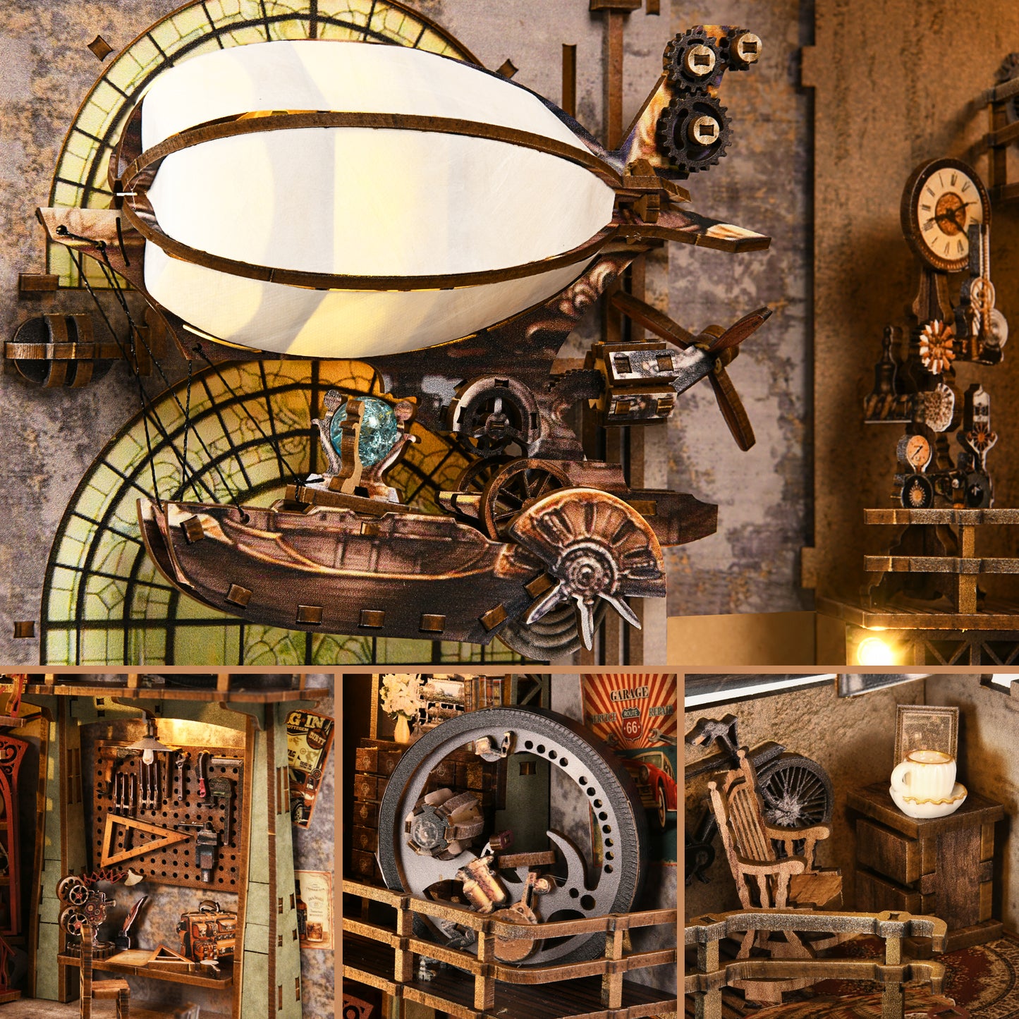 image displaying miniature scenes in the finished Uncle Peter’s Steampunk Workshop DIY Book Nook Kit