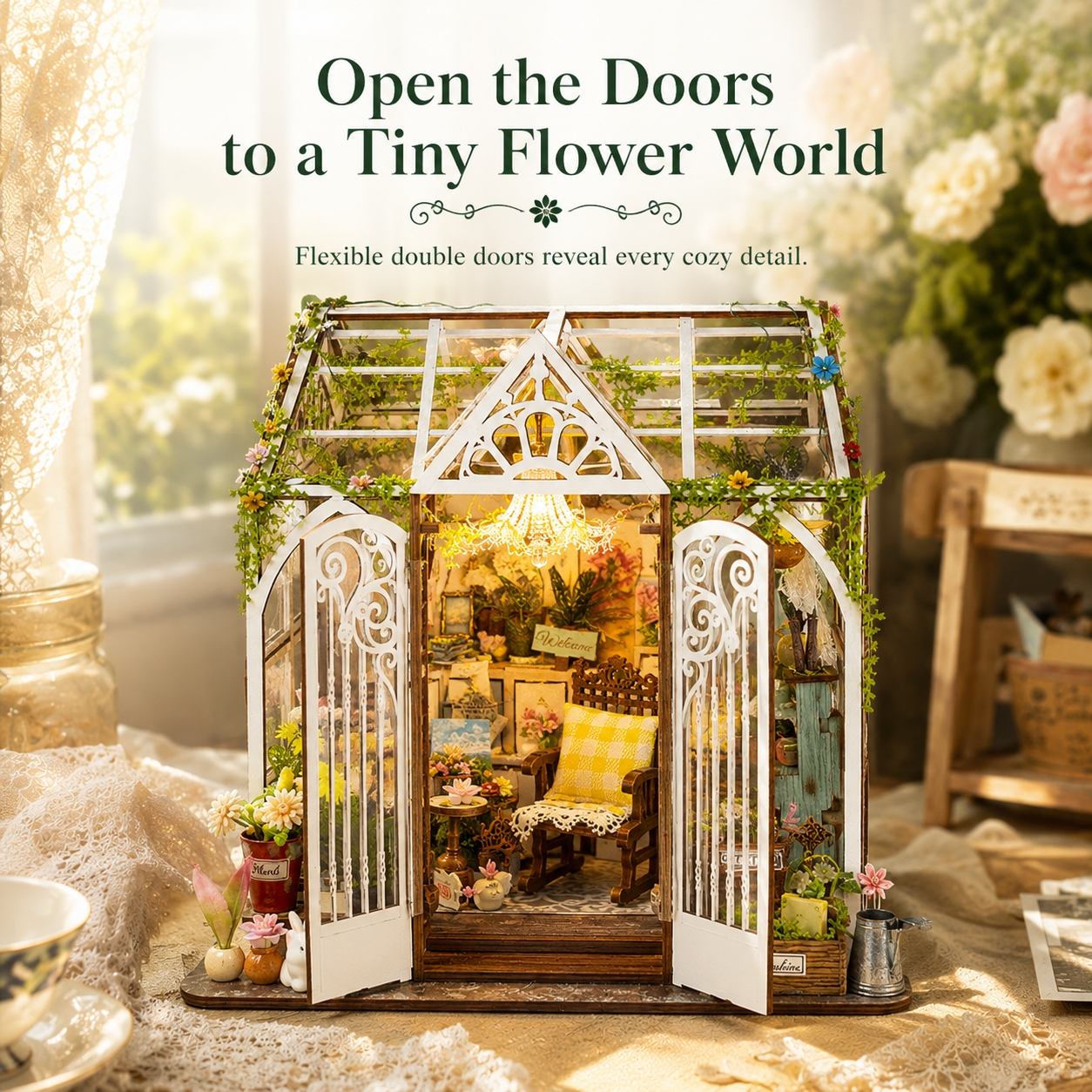 A miniature greenhouse dollhouse with white decorative double doors and a cozy floral interior, displayed on a lace-covered surface with decorative props and text reading 'Open the Doors to a Tiny Flower World.'.